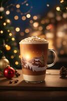 caliente café con azotado crema en un bokeh antecedentes con Navidad decoraciones foto