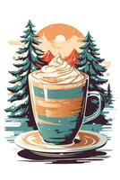 large hot coffee with whipped cream on the background of a winter landscape photo