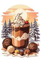 large hot coffee with whipped cream on the background of a winter landscape photo