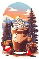 large hot coffee with whipped cream on the background of a winter landscape photo