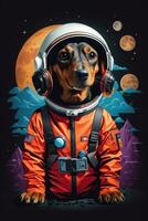 black dachshund cosmonaut on the background of planets and stars graphics photo