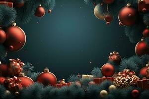 Ai Generative Christmas banner with copy space for text, santa claus celebrate with giftboxes, fir tree branches and red ornaments, dark color background photo