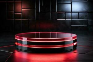 Ai Generated photo red light round podium and black background for mock up realistic image