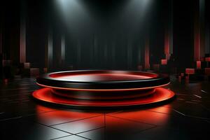 Ai Generated photo red light round podium and black background for mock up realistic image