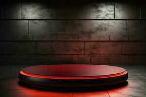 Ai Generated photo red light round podium and black background for mock up realistic image