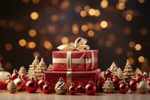 Ai Generative Background of christmas tree and red gift box on a christmas empty background with copy space photo