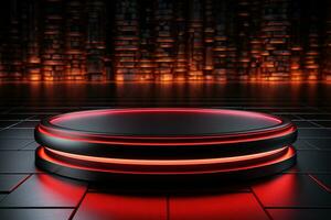 Ai Generated photo red light round podium and black background for mock up realistic image