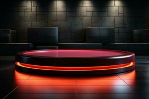 Ai Generated photo red light round podium and black background for mock up realistic image