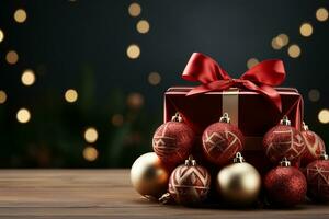 Ai Generative Background of christmas tree and red gift box on a christmas empty background with copy space photo