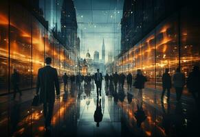 Ai Generative Business people walking in a city at night photo