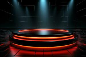 Ai Generated photo red light round podium and black background for mock up realistic image