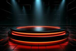 Ai Generated photo red light round podium and black background for mock up realistic image