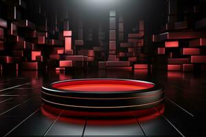 Ai Generated photo red light round podium and black background for mock up realistic image