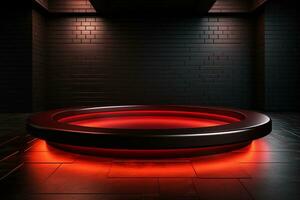 Ai Generated photo red light round podium and black background for mock up realistic image