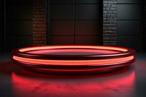Ai Generated photo red light round podium and black background for mock up realistic image