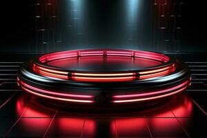 Ai Generated photo red light round podium and black background for mock up realistic image