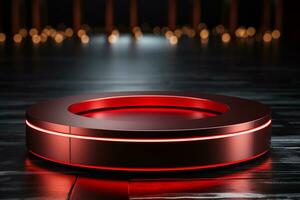 Ai Generated photo red light round podium and black background for mock up realistic image