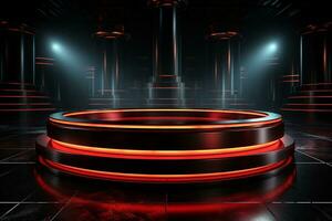 Ai Generated photo red light round podium and black background for mock up realistic image