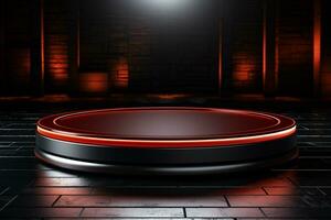 Ai Generated photo red light round podium and black background for mock up realistic image