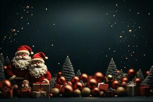 Ai Generative Christmas banner with copy space for text, santa claus celebrate with giftboxes, fir tree branches and red ornaments, dark color background photo