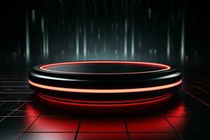 Ai Generated photo red light round podium and black background for mock up realistic image