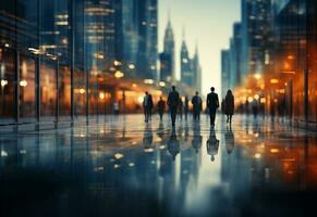 Ai Generative Business people walking in a city at night photo