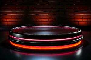 Ai Generated photo red light round podium and black background for mock up realistic image