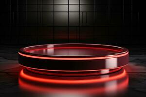 Ai Generated photo red light round podium and black background for mock up realistic image