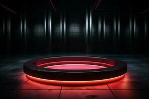 Ai Generated photo red light round podium and black background for mock up realistic image