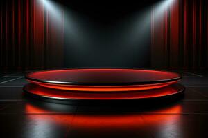 Ai Generated photo red light round podium and black background for mock up realistic image