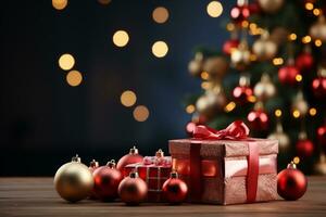 Ai Generative Background of christmas tree and red gift box on a christmas empty background with copy space photo