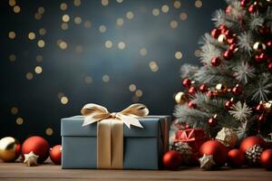 Ai Generative Background of christmas tree and red gift box on a christmas empty background with copy space photo