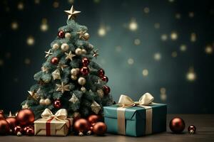 Ai Generative Background of christmas tree and red gift box on a christmas empty background with copy space photo