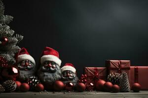 ai generativo Navidad bandera con Copiar espacio para texto, Papa Noel claus celebrar con cajas de regalo, abeto árbol ramas y rojo adornos, oscuro color antecedentes foto