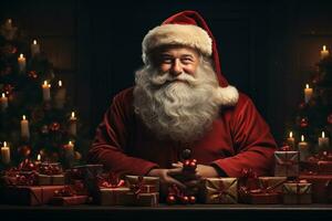 ai generativo Navidad bandera con Copiar espacio para texto, Papa Noel claus celebrar con cajas de regalo, abeto árbol ramas y rojo adornos, oscuro color antecedentes foto