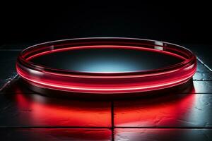 Ai Generated photo red light round podium and black background for mock up realistic image