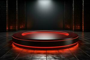 Ai Generated photo red light round podium and black background for mock up realistic image