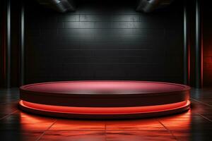 Ai Generated photo red light round podium and black background for mock up realistic image