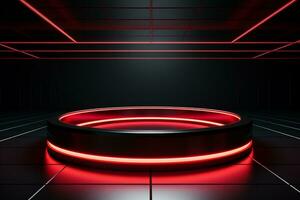 Ai Generated photo red light round podium and black background for mock up realistic image