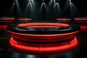 Ai Generated photo red light round podium and black background for mock up realistic image