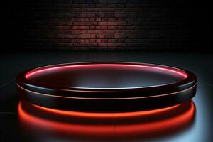 Ai Generated photo red light round podium and black background for mock up realistic image