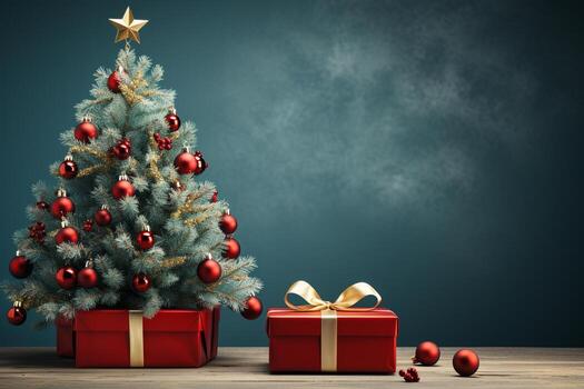 Ai Generative Background of christmas tree and red gift box on a christmas empty background with copy space photo