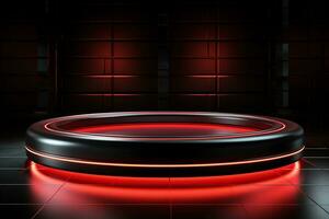 Ai Generated photo red light round podium and black background for mock up realistic image