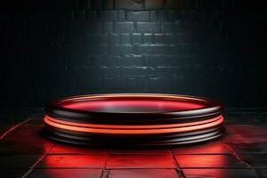 Ai Generated photo red light round podium and black background for mock up realistic image