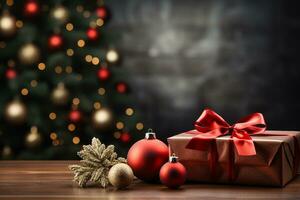 Ai Generative Background of christmas tree and red gift box on a christmas empty background with copy space photo