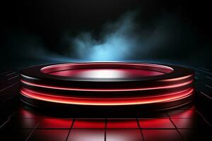 Ai Generated photo red light round podium and black background for mock up realistic image