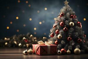 Ai Generative Background of christmas tree and red gift box on a christmas empty background with copy space photo