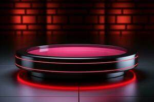 Ai Generated photo red light round podium and black background for mock up realistic image