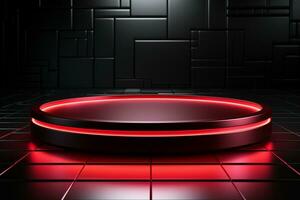 Ai Generated photo red light round podium and black background for mock up realistic image