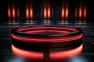 Ai Generated photo red light round podium and black background for mock up realistic image